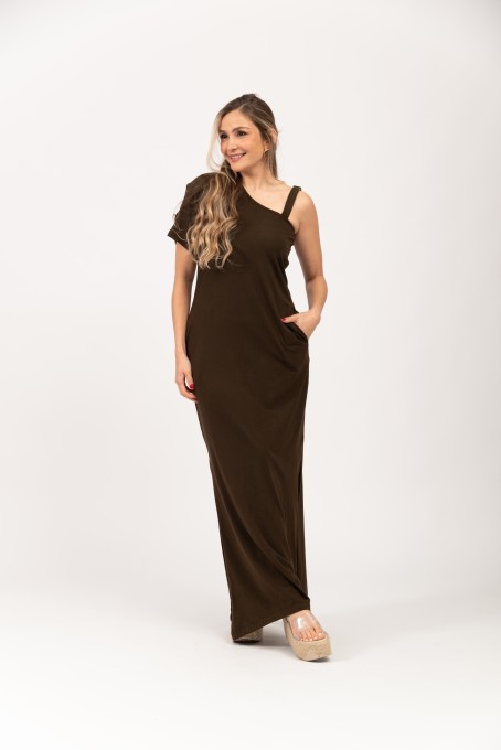 Vestido Longo Um Ombro Só Café