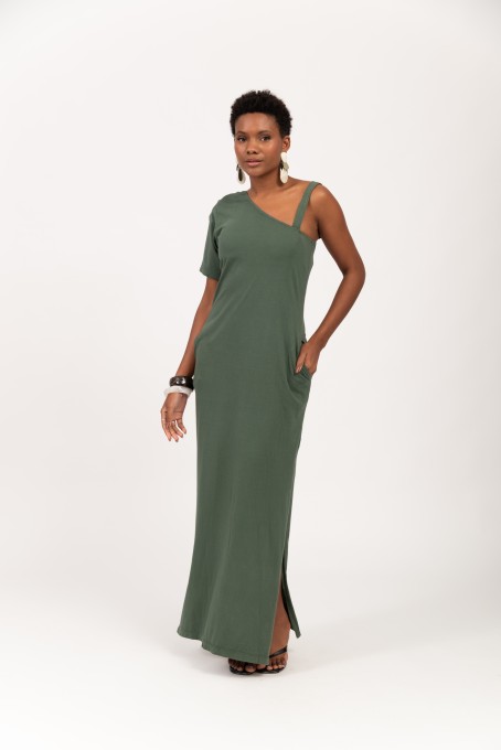 Vestido Longo Um Ombro Só Verde Musgo