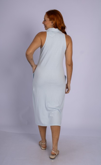 Vestido Midi Com Gola E Botões Frontais Azul Claro