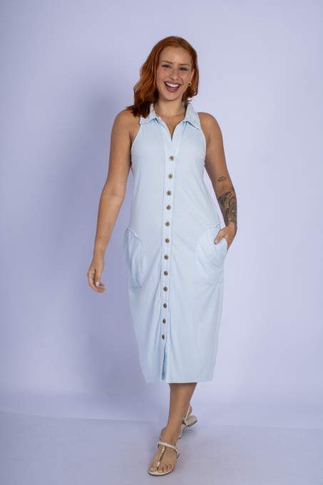 Vestido Midi Com Gola E Botões Frontais Azul Claro