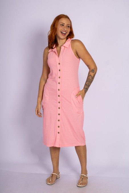 Vestido Midi Com Gola E Botões Frontais Rosa Claro