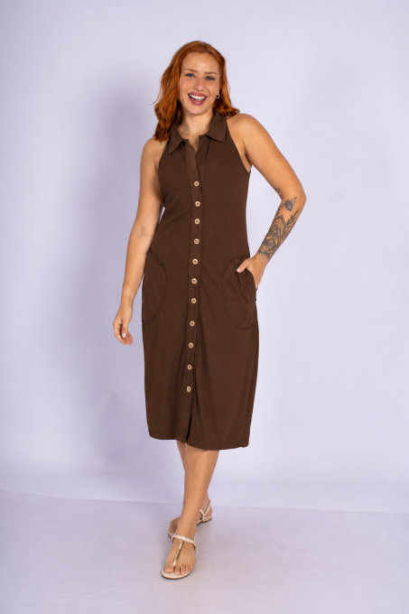 Vestido Midi Com Gola E Botões Frontais Café