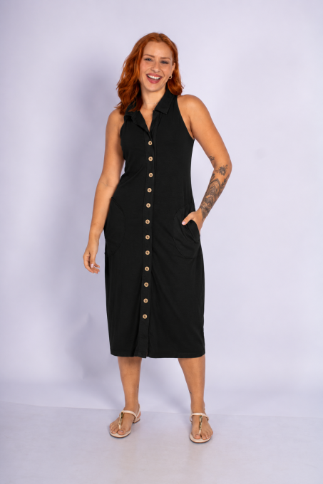 Vestido Midi Com Gola E Botões Frontais Preto