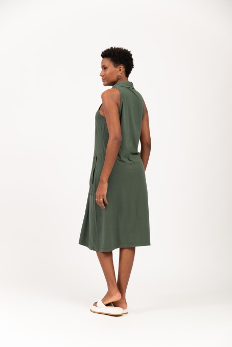 Vestido Midi Com Gola E Botões Frontais Verde Musgo