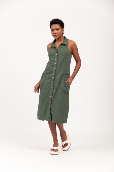 Vestido Midi Com Gola E Botões Frontais Verde Musgo