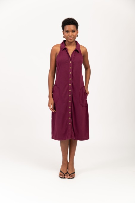 Vestido Midi Com Gola E Botões Frontais Vinho