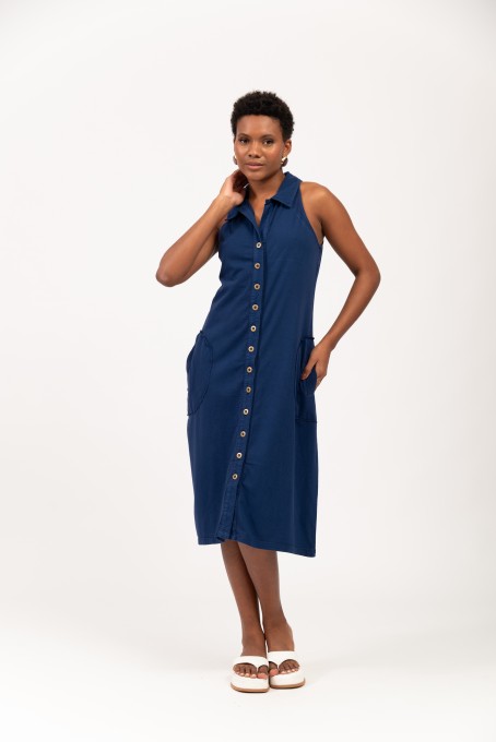 Vestido Midi Com Gola E Botões Frontais Azul Marinho