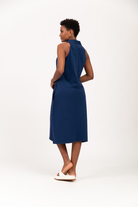 Vestido Midi Com Gola E Botões Frontais Azul Marinho