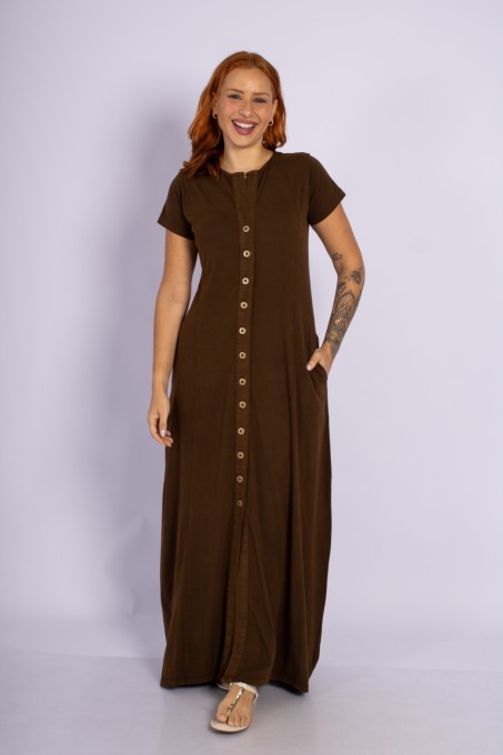 Vestido Longo com Botões Café