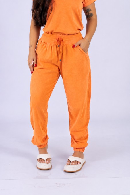 Calça Jogger Com Cós Largo E Bolsos Laranja