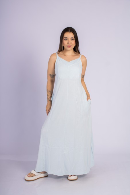 Vestido Longo Com Alças Ajustáveis E Bolsos Azul Claro