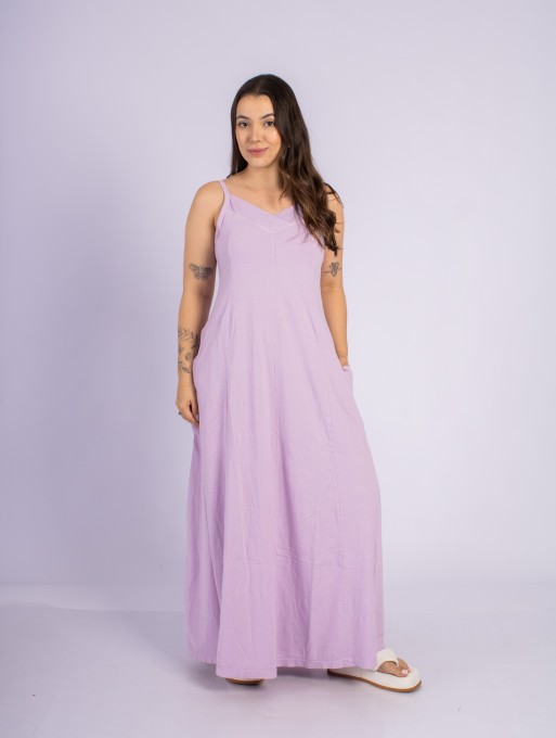 Vestido Longo Com Alças Ajustáveis E Bolsos Lilás