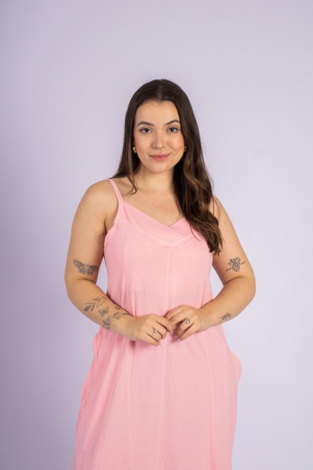 Vestido Longo Com Alças Ajustáveis E Bolsos Rosa Claro