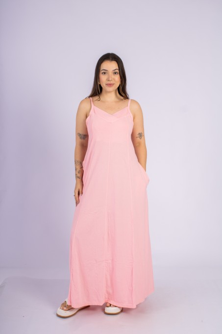 Vestido Longo Com Alças Ajustáveis E Bolsos Rosa Claro