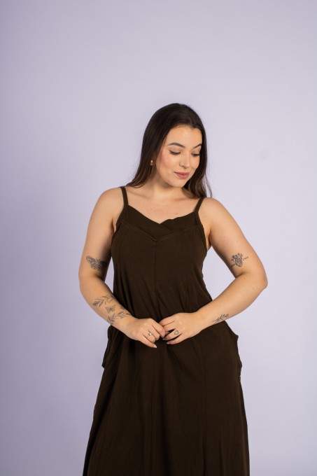 Vestido Longo Com Alças Ajustáveis E Bolsos Café