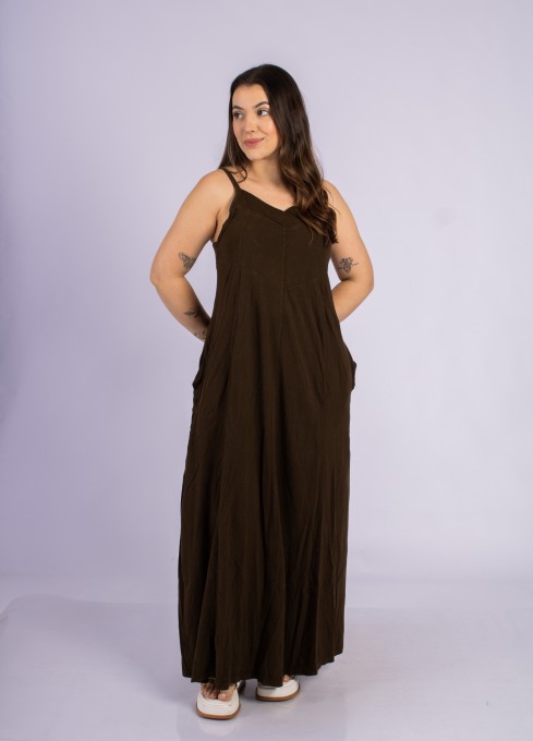 Vestido Longo Com Alças Ajustáveis E Bolsos Café