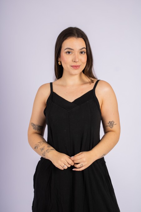Vestido Longo Com Alças Ajustáveis E Bolsos Preto