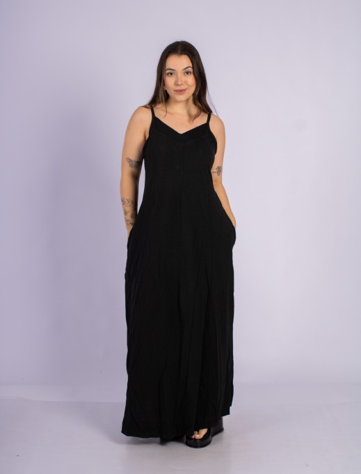 Vestido Longo Com Alças Ajustáveis E Bolsos Preto