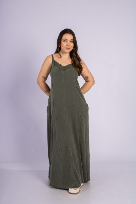 Vestido Longo Com Alças Ajustáveis E Bolsos Verde Musgo