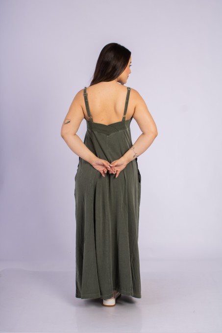 Vestido Longo Com Alças Ajustáveis E Bolsos Verde Musgo