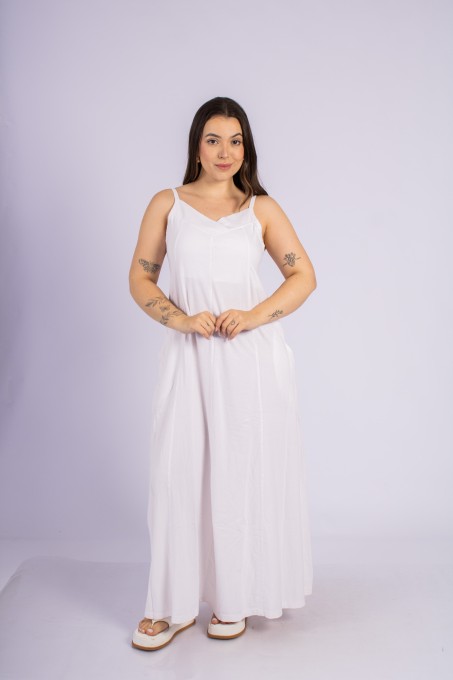 Vestido Longo Com Alças Ajustáveis E Bolsos Branco