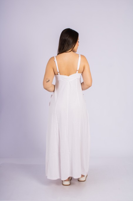 Vestido Longo Com Alças Ajustáveis E Bolsos Branco