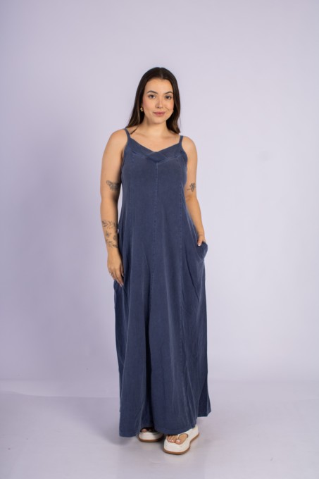 Vestido Longo Com Alças Ajustáveis E Bolsos Azul Marinho