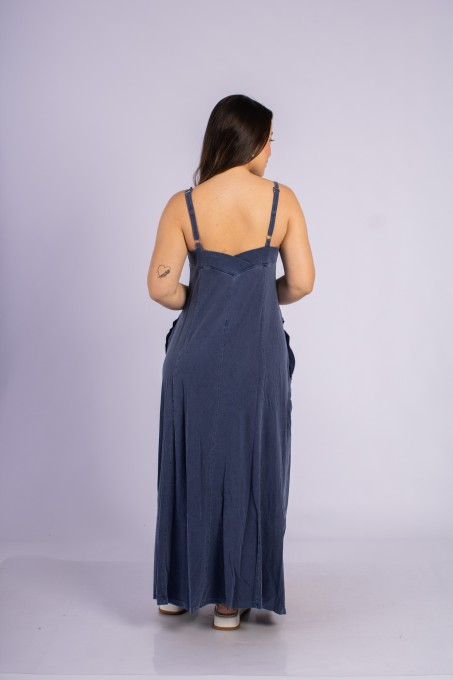 Vestido Longo Com Alças Ajustáveis E Bolsos Azul Marinho