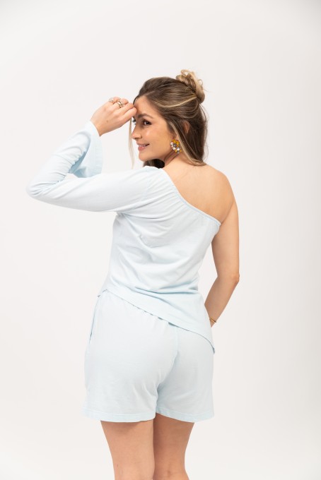 Blusa Ombro Único Com Manga Longa Azul Claro