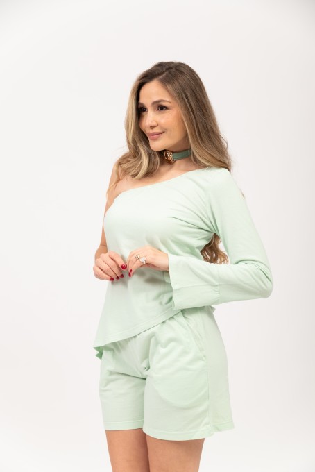 Blusa Ombro Único Com Manga Longa Verde Claro