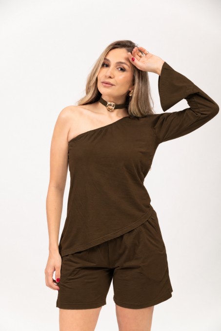 Blusa Ombro Único Com Manga Longa Café