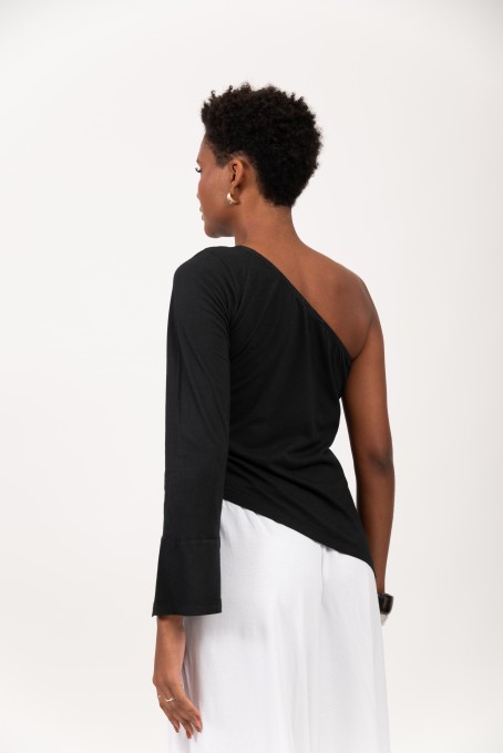 Blusa Ombro Único Com Manga Longa Preto