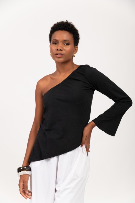 Blusa Ombro Único Com Manga Longa Preto