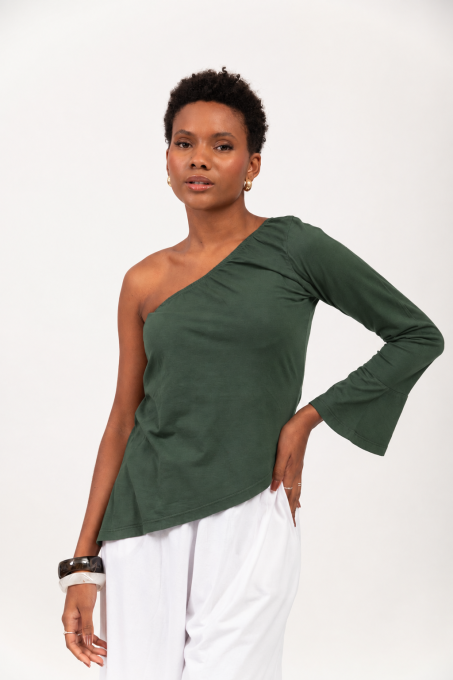 Blusa Ombro Único Com Manga Longa Verde Musgo