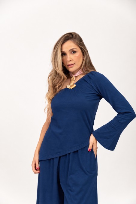 Blusa Ombro Único Com Manga Longa Azul Marinho
