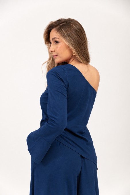 Blusa Ombro Único Com Manga Longa Azul Marinho