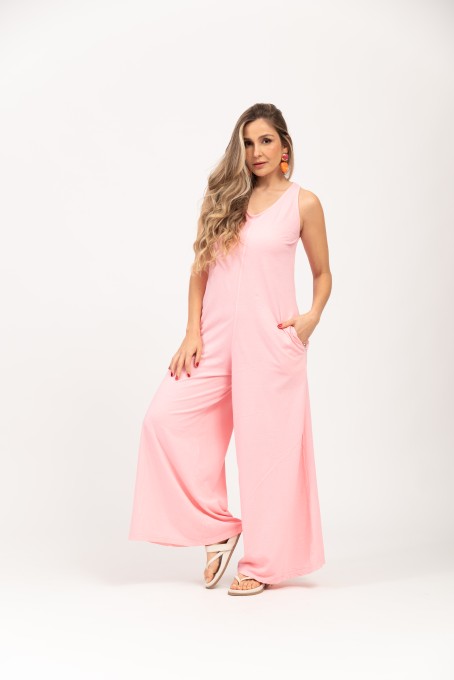Macacão Pantalona Com Amarração Nas Costas Rosa Claro