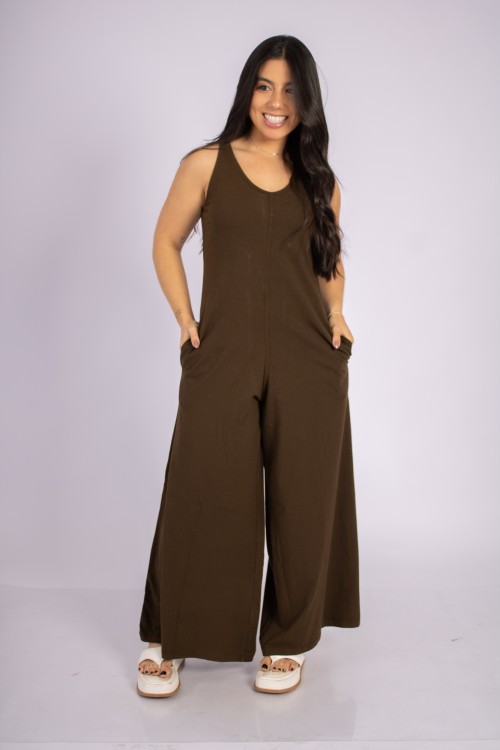 Macacão Pantalona Com Amarração Nas Costas Café