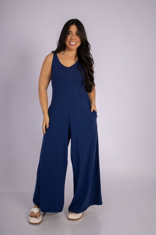 Macacão Pantalona Com Amarração Nas Costas Azul Marinho
