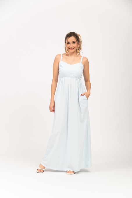 Vestido Longo Com Alças Ajustáveis E Bolsos Azul Claro