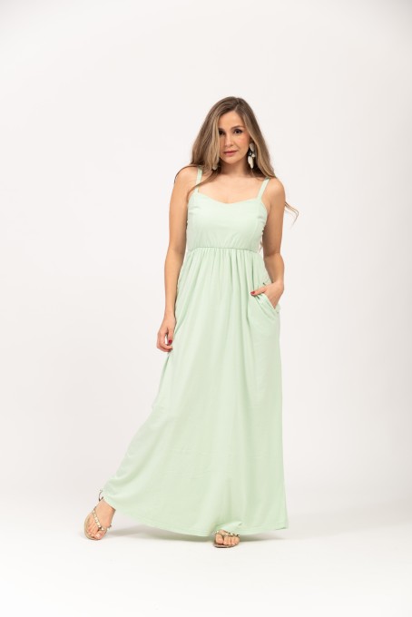 Vestido Longo Com Alças Ajustáveis E Bolsos Verde Claro