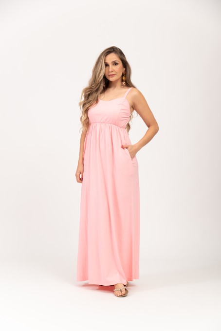 Vestido Longo Com Alças Ajustáveis E Bolsos Rosa Claro