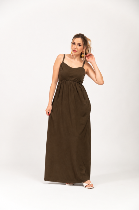 Vestido Longo Com Alças Ajustáveis E Bolsos Café
