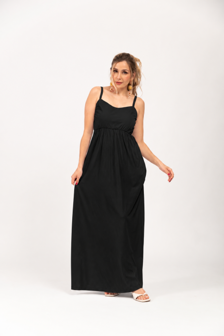 Vestido Longo Com Alças Ajustáveis E Bolsos Preto