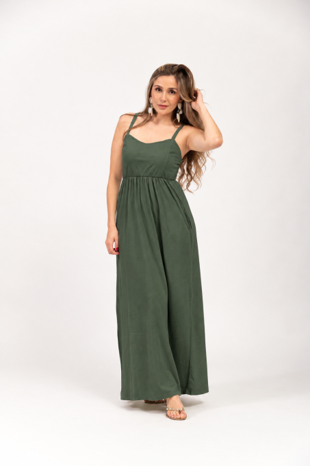 Vestido Longo Com Alças Ajustáveis E Bolsos Verde Musgo