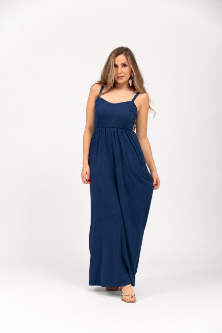 Vestido Longo Com Alças Ajustáveis E Bolsos Azul Marinho