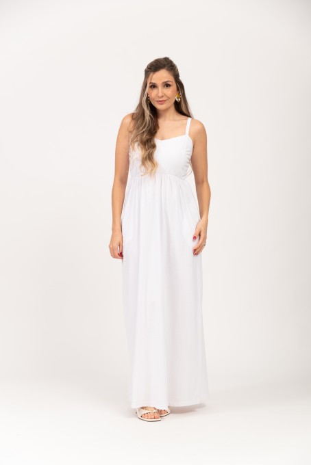 Vestido Longo Com Alças Ajustáveis E Bolsos Branco