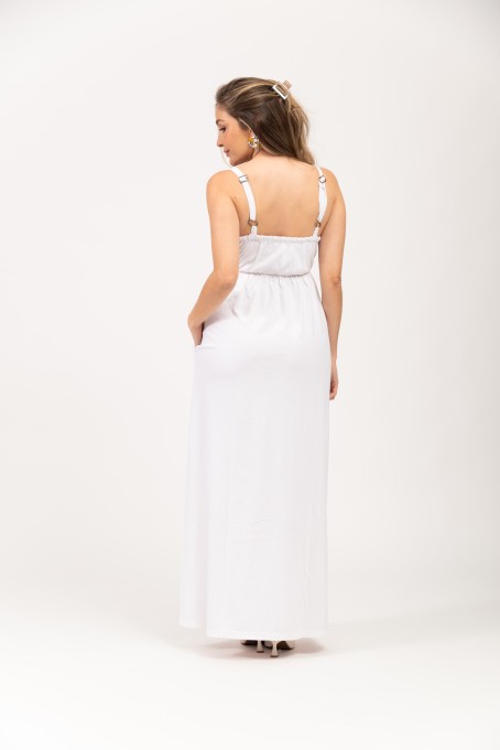 Vestido Longo Com Alças Ajustáveis E Bolsos Branco