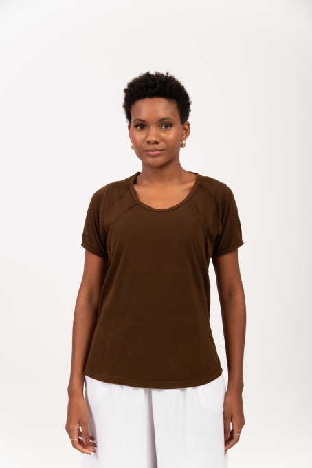 Blusa Manga Curta Com Recortes Café
