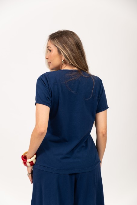 Blusa Manga Curta Com Recortes Azul Marinho